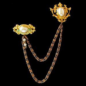 Faux pearl & rhinestone gold tone chatelaine style brooch - sweater/cape guard
